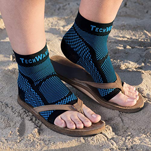 TechWare Pro Ankle Brace Compression Sleeve - Relieves Achilles Tendonitis, Joint Pain. Plantar Fasciitis Foot Sock with Arch Support Reduces Swelling & Heel Spur Pain. (Black/Blue, L/XL)