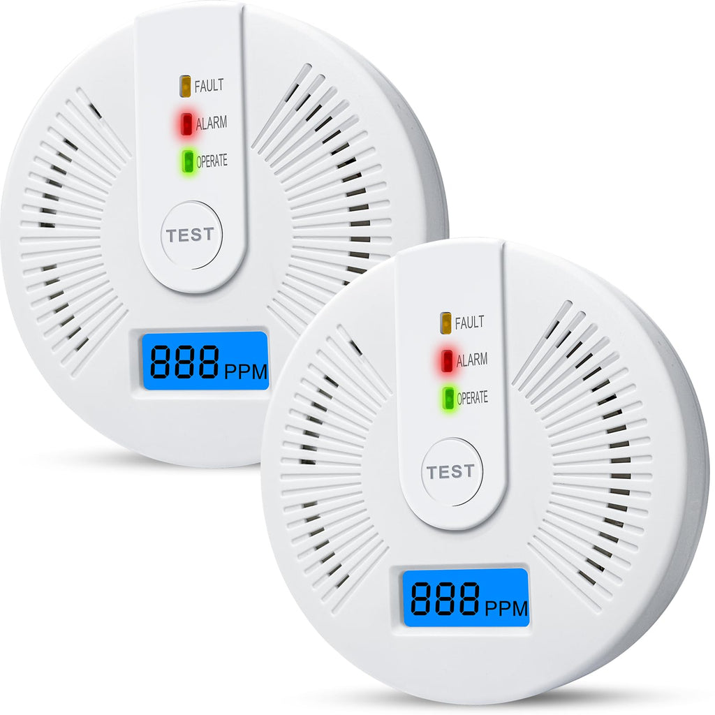 2 Pack Carbon Monoxide Detectors,CO Detectors Battery Powered,Carbon Monoxide CO Alarms with Light&Digital Display for Home,Bedroom,Kitchen,Office