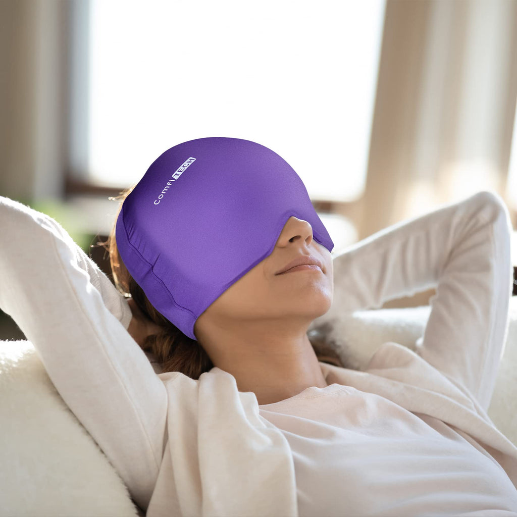 ComfiTECH Large Migraine Ice Head Wrap, Headache Relief Hat for Migraine Cap for Tension Puffy Eyes Migraine Relief Cap for Sinus Headache and Stress Relief Cold Compress (Large Purple)
