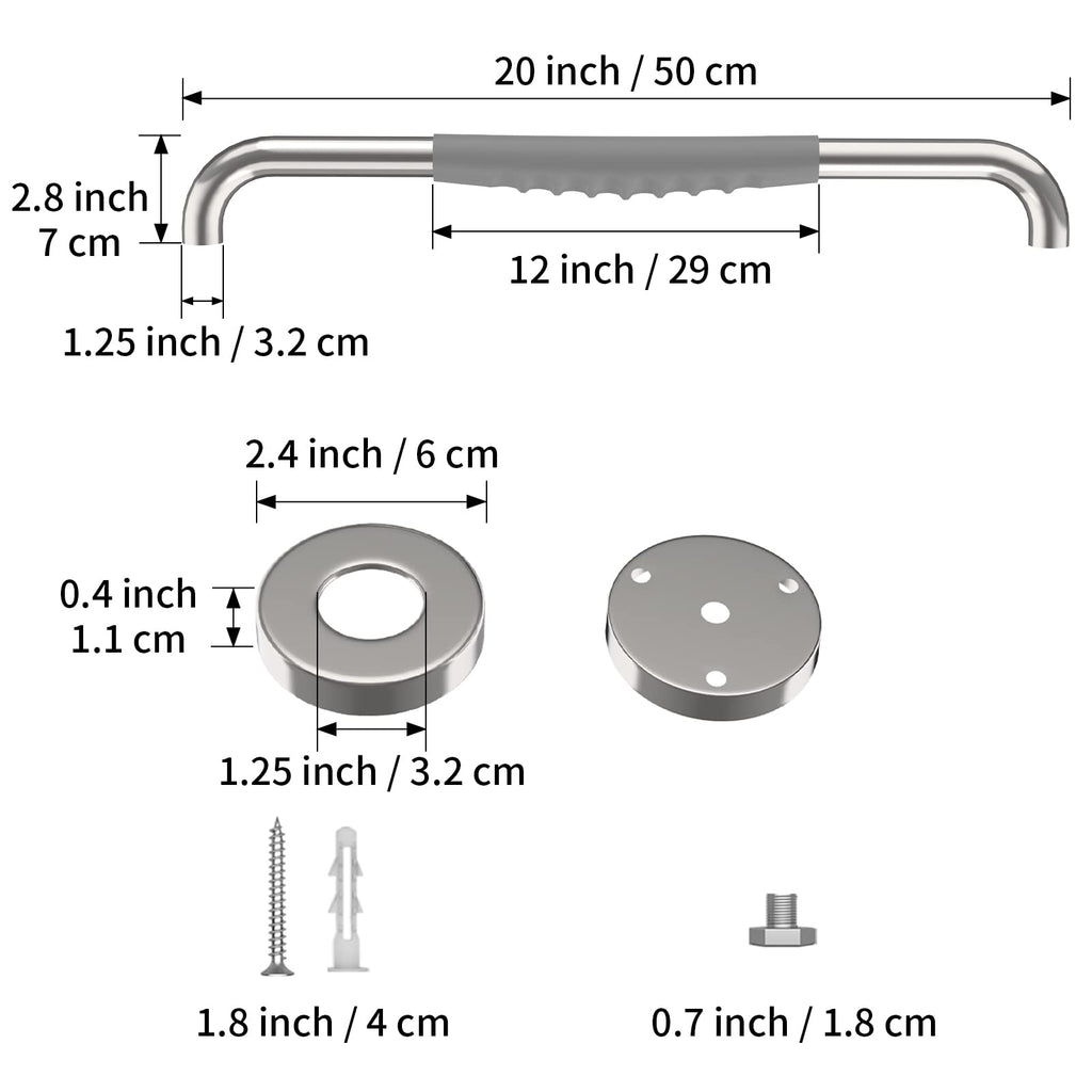 20 Inch Anti Slip Shower Grab Bar, Munzong Chrome Stainless Steel Bathroom Grab Bar w/Gray Rubber Grip, Bathroom Balance Bar,Safety Handrail Support,Handicap Elderly Senior Assist Bath Handle