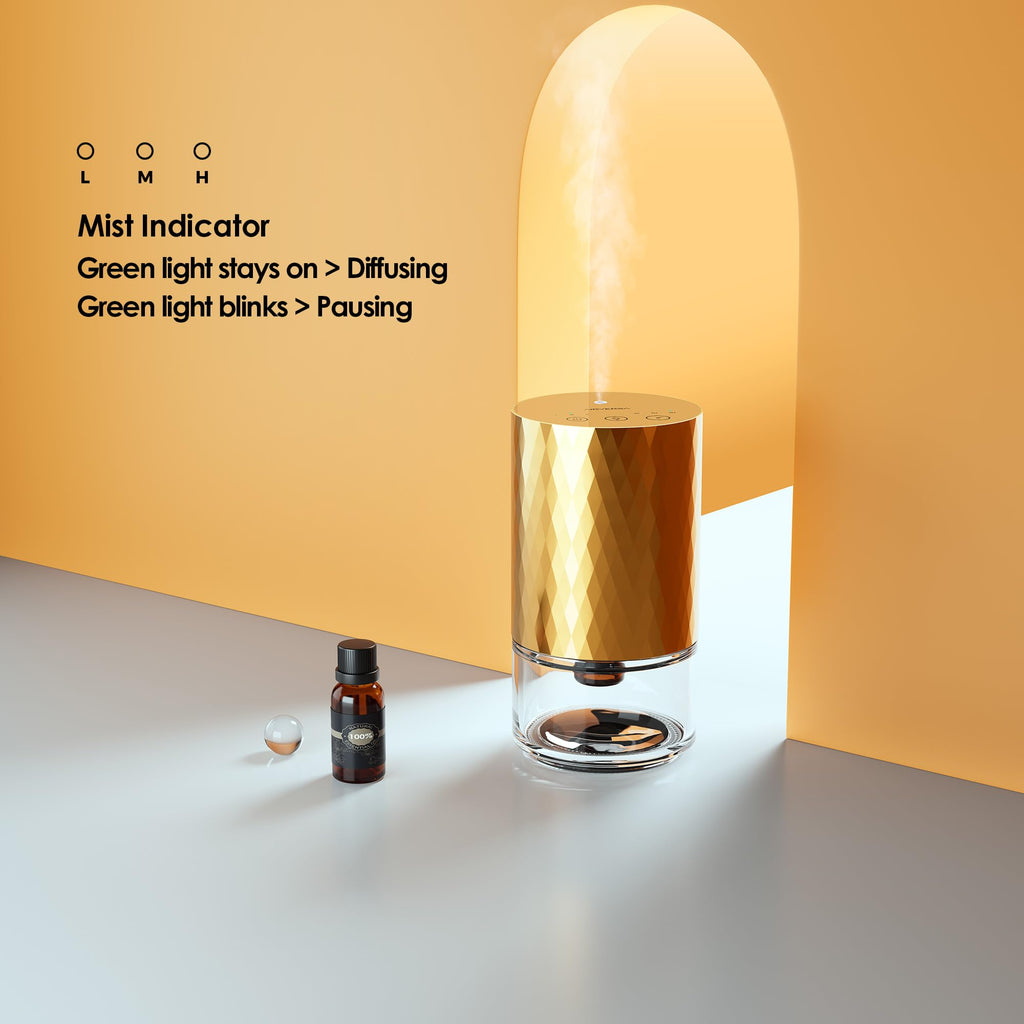 Airversa Waterless Diffuser for Essential Oil 100ml Capacity Battery Operated Aromatherapy Nebulizer Mini Scent Air Machine 1/2/3H/Continous 3 Mist Level 3 Lighting Effects(Scenta Shine Gold)