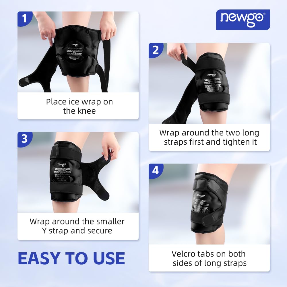 NEWGO Ice Pack for Knee Replacement Surgery, Reusable Gel Cold Pack Wrap Around Entire Knee for Knee Injuries, Pain Relief, Swelling, Bruises (Black)