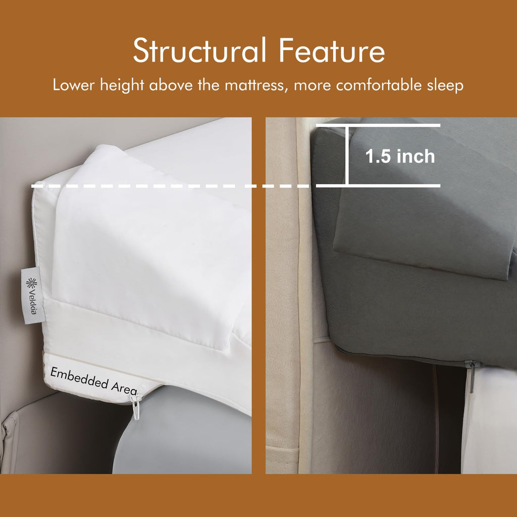 Vekkia King Bed Wedge Pillow for Headboard Gap Filler(0-5"),High-Density Foam,Prevents Pillows & Items from Falling,Ergonomic Design,Large Storage Pockets, Removable&Washable Cover,White,76''x10 x6