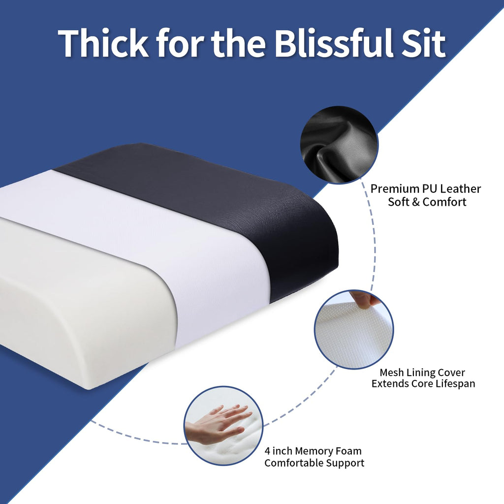 YOUFI Large Seat Cushion, 4 Inch Thick Memory Foam PU Leather Cushion for Sciatica, Hip, Low Back Pain Relief, Supportive Butt Pillow for Office Chair, Wheelchair