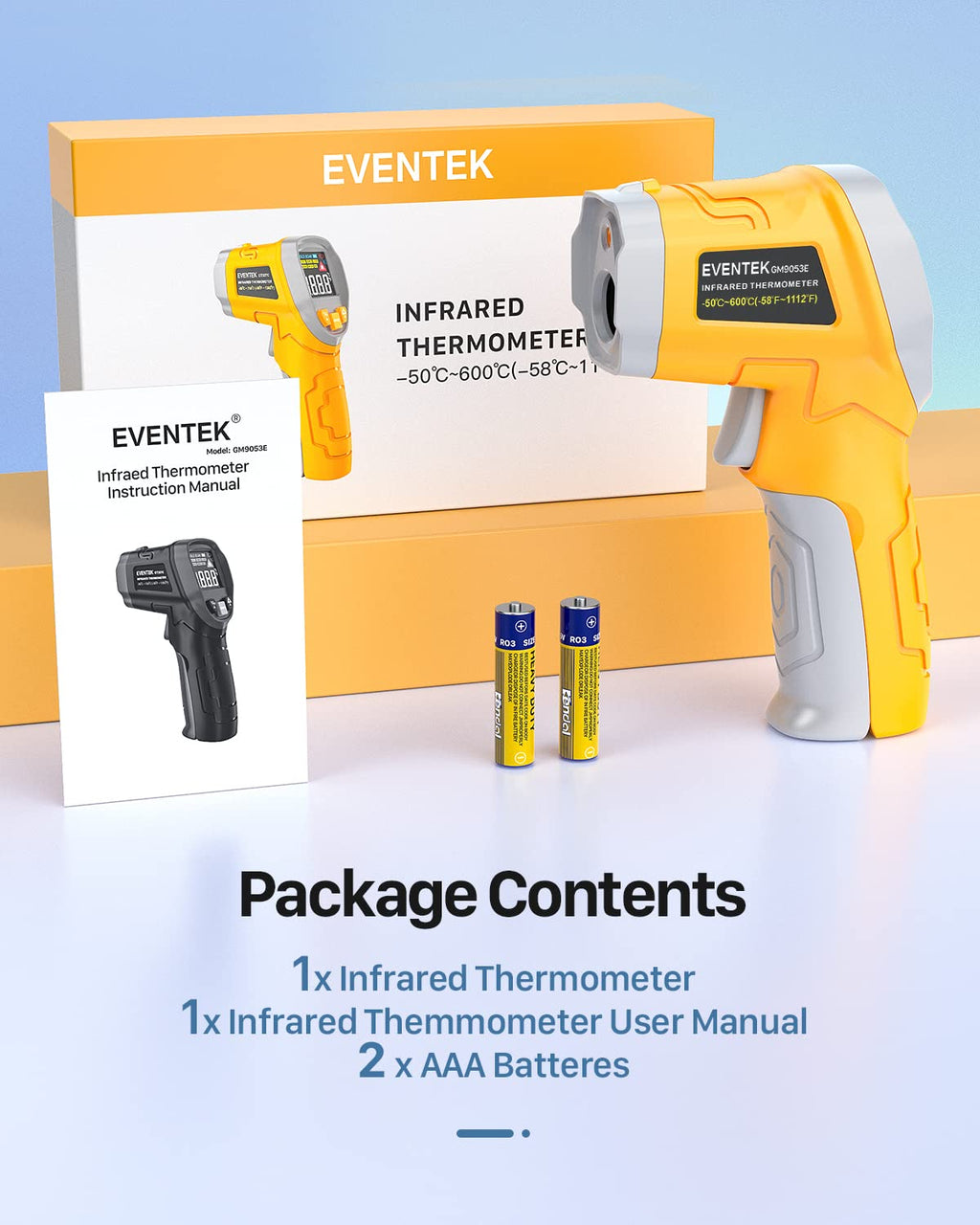 Eventek Digital Infrared Thermometer, -58℉～1112℉(-50℃～600℃) Non-Contact Laser Temperature Gun with Color Display & Adjustable Emissivity for Cooking/BBQ/Food/Fridge/Pizza Oven/Engine (Not for Human)