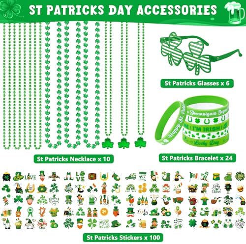 140PCS St Patricks Day Accessories, St. Patrick's Day Glasses Bracelets Tattoos Beads, Irish Glasses Bracelets Tattoos Beads Stuff Bulk, Shamrock Saint Patricks Parade Throw Party Favor Decorations