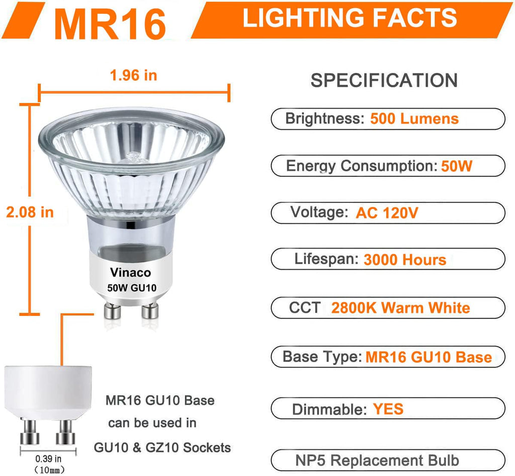Vinaco GU10 Bulb, 6 Pack Halogen 120V 50W, Dimmable, MR16 GU10 Light Bulb with Long Lasting Lifespan, gu10+c for Track&Recessed Lighting, Gu10 Base Bulb, 50W MR16/FL/GU10, Warm White