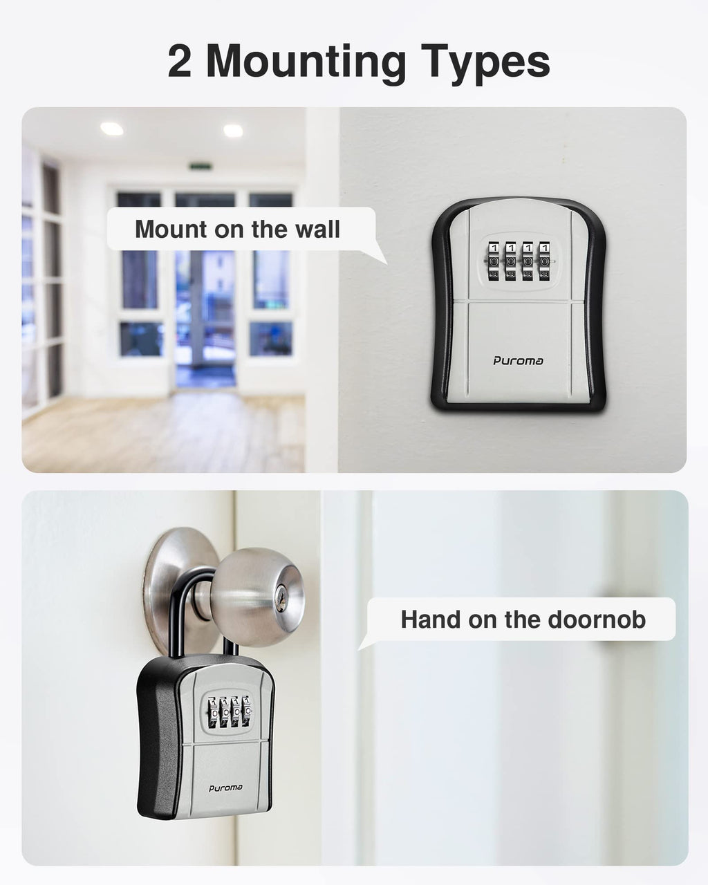 Puroma Key Lock Box, Portable Combination Lockbox Wall-Mounted Key Storage Box for House Keys, Resettable Code Safe Security Lock Box for Home, Office, Apartment Spare Key Storage (1 Pack, Gray)
