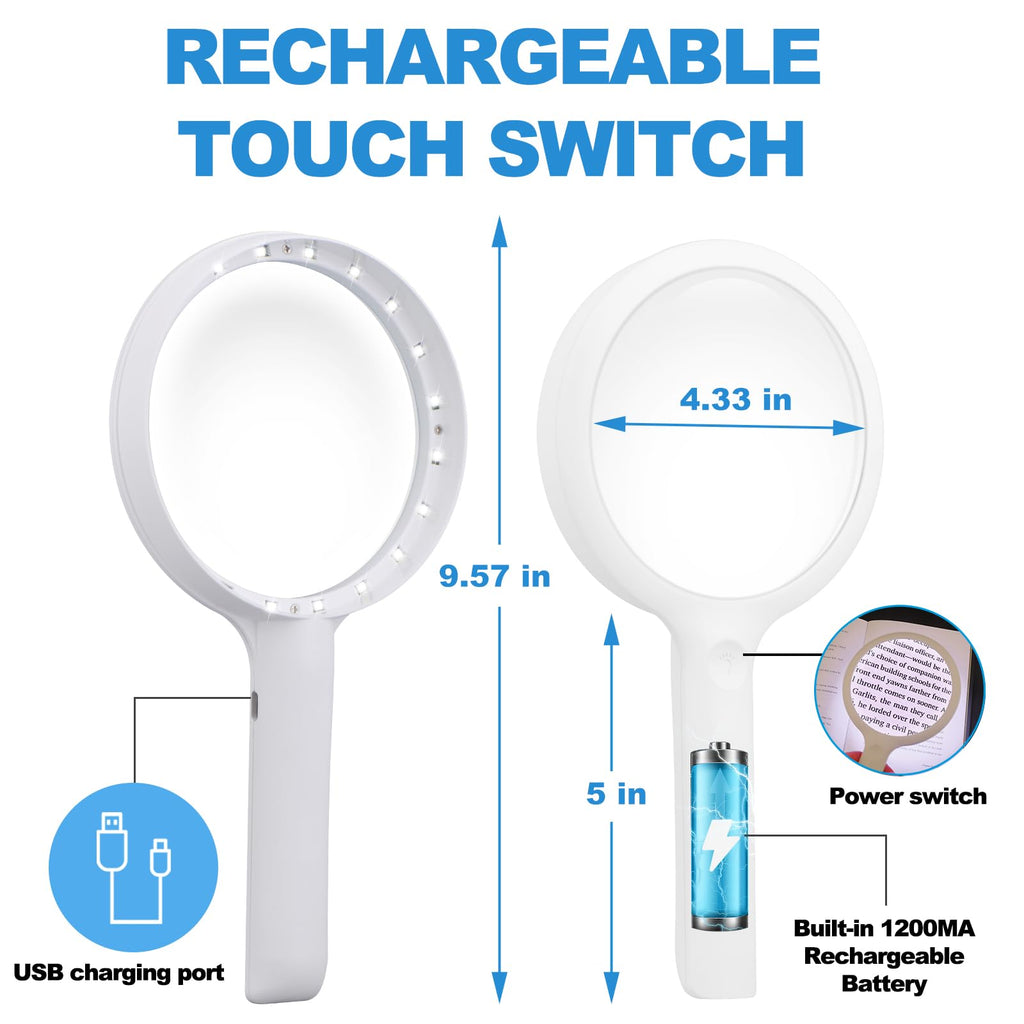 30X Charge Magnifying Glass with Light, NUEYiO 4.33Inch Large Handheld Magnifying Glass 20 Daylight LEDs, Third Gear Dimming Lighted Magnifier for Seniors Reading Inspection Coin Collection Jewelry