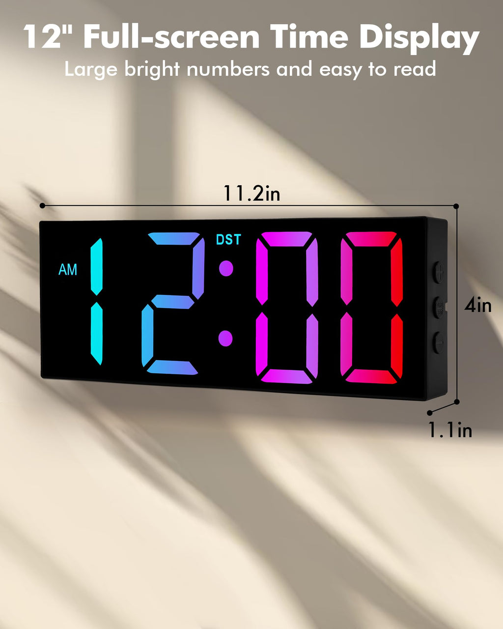 Alampan 12" Large Digital Wall Clock with Remote Control, Corded RGB LED Clock with Full Screen Display, Big Wall Clock for Classroom, Living Room, Elderly, Wall Mount Clock with DST, LED Wall Decor
