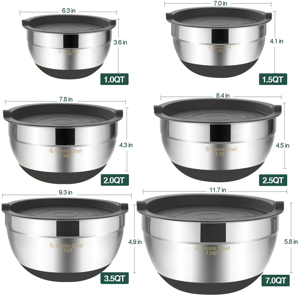 Umite Chef Mixing Bowls with Airtight Lids，6 piece Stainless Steel Metal Nesting Storage Bowls, Non-Slip Bottoms Size 7, 3.5, 2.5, 2.0,1.5, 1QT, Great for Mixing & Serving(Grey)