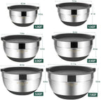 Umite Chef Mixing Bowls with Airtight Lids，6 piece Stainless Steel Metal Nesting Storage Bowls, Non-Slip Bottoms Size 7, 3.5, 2.5, 2.0,1.5, 1QT, Great for Mixing & Serving(Grey)