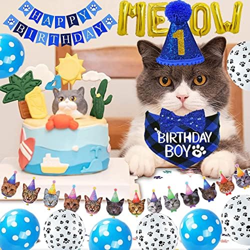 STMK Cat Birthday Party Supplies - Hat, Bandana, Bow Tie, Collar, Banner, Garland, Meow Letter Balloons, Kitten Outfits