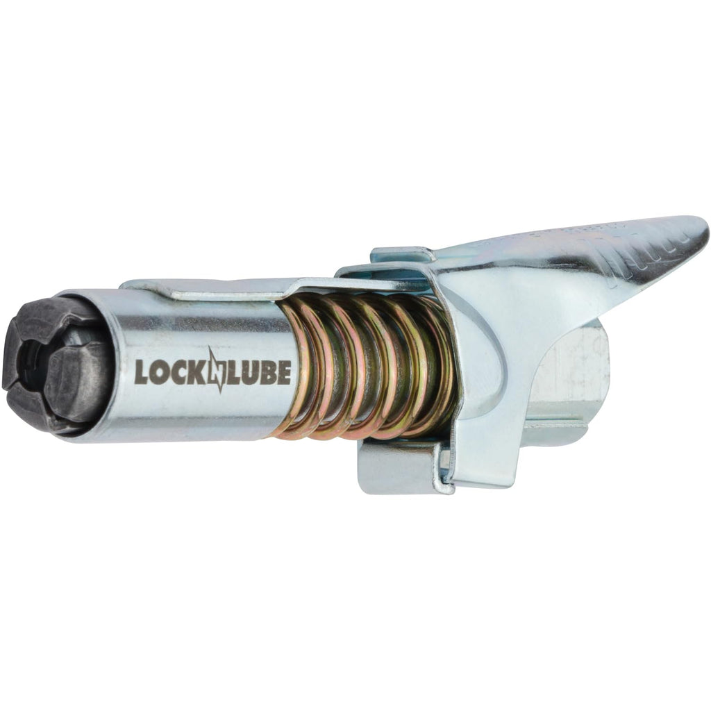 LockNLube Grease Gun Coupler locks onto Zerk fittings. Grease goes in, not on the machine. World's best-selling original locking grease coupler. Rated 10,000 PSI. Long-lasting rebuildable tool.