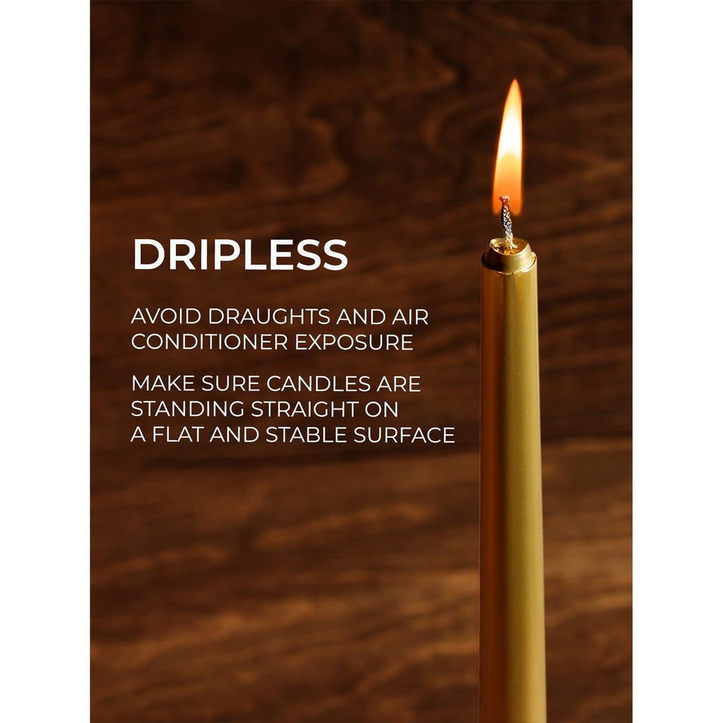 CANDWAX 10 inch Gold Taper Candles Set of 4 - Christmas Candles Taper Dripless - Tall Candles Long Burning Fragrance-Free - Gold Candlesticks