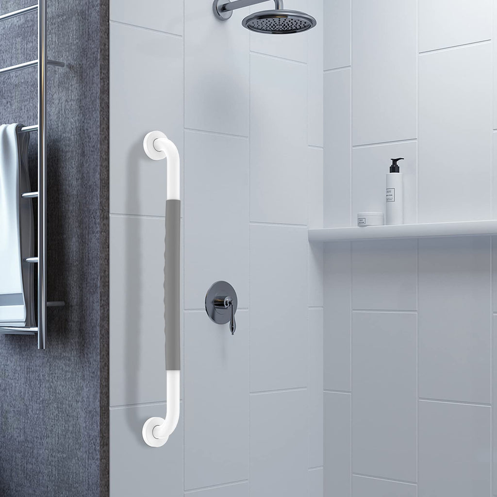 24 Inch Anti Slip Shower Grab Bar, Munzong White Stainless Steel Bathroom Grab Bar w/Gray Rubber Grip, Bathroom Balance Bar,Safety Handrail Support,Handicap Elderly Senior Assist Bath Handle