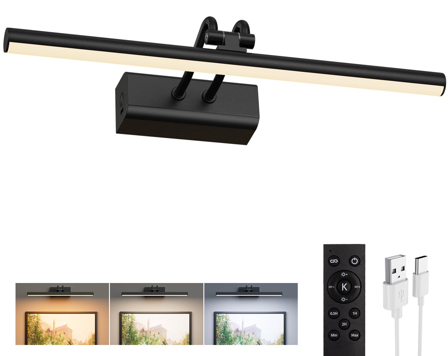 Percantis Battery Operated Picture Light for Wall, Wall Light for Living Room, 4000 mAh, 13.8'' Dimmable Art Painting Light, Remote Control, Black, Display for Gallery, Living Room, Bedroom(Black)