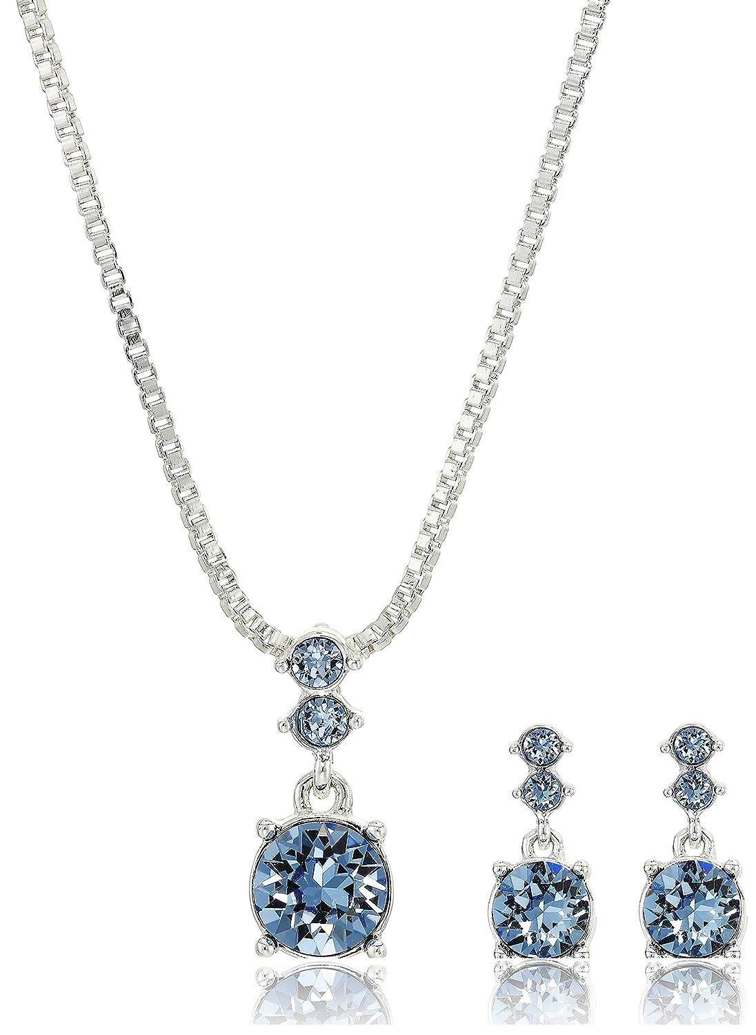 Women's Necklace and Earring Set — Silver Tone Jewelry Set with Blue and Crystal Inspired Accents, Fashion Accessories for Everyday and Dress Wear
