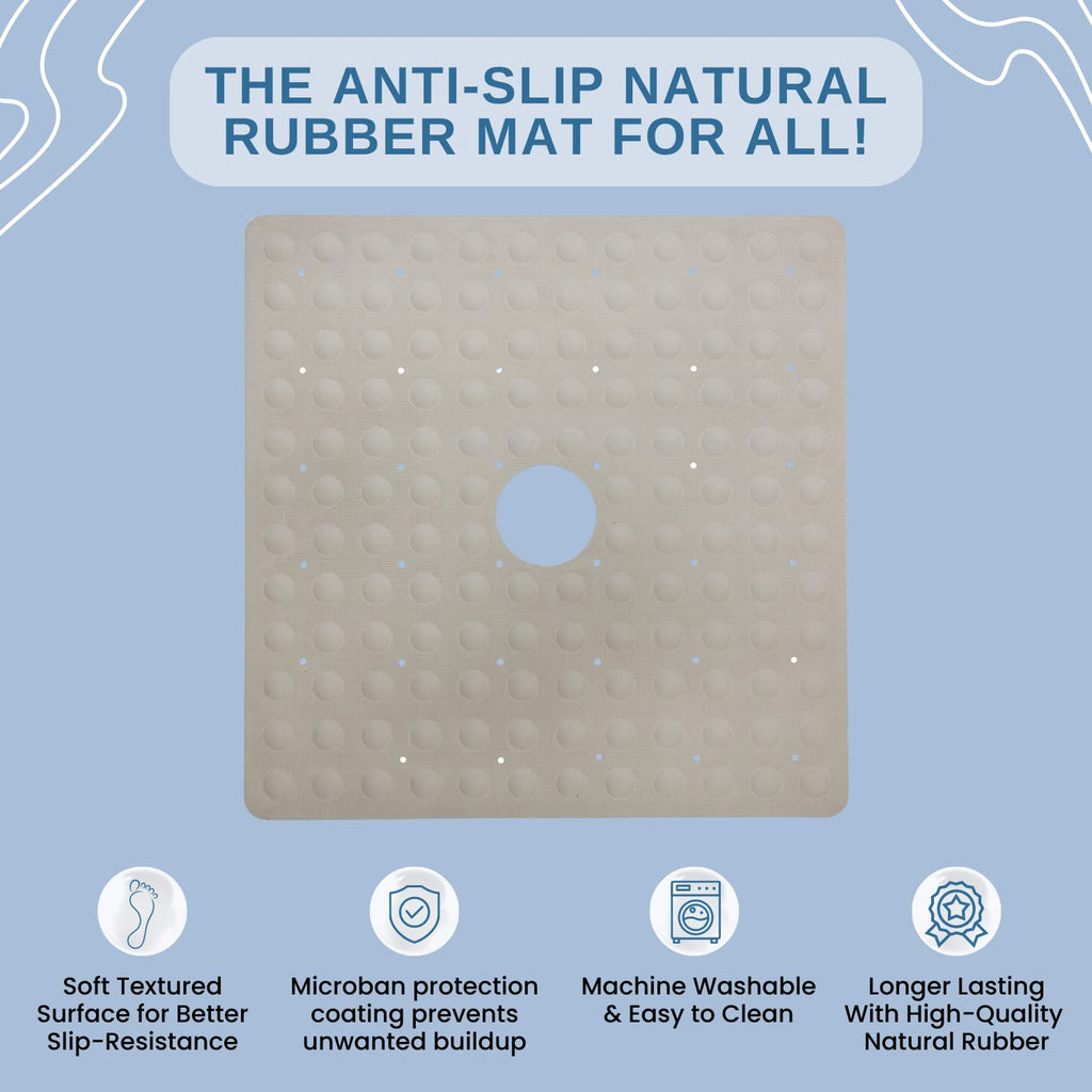 SlipX Solutions Microban-Infused Rubber Shower Mat, 21" x 21" | Anti-Slip Square Bath Mat w/ 140 Power Grip Suction Cups | Tan