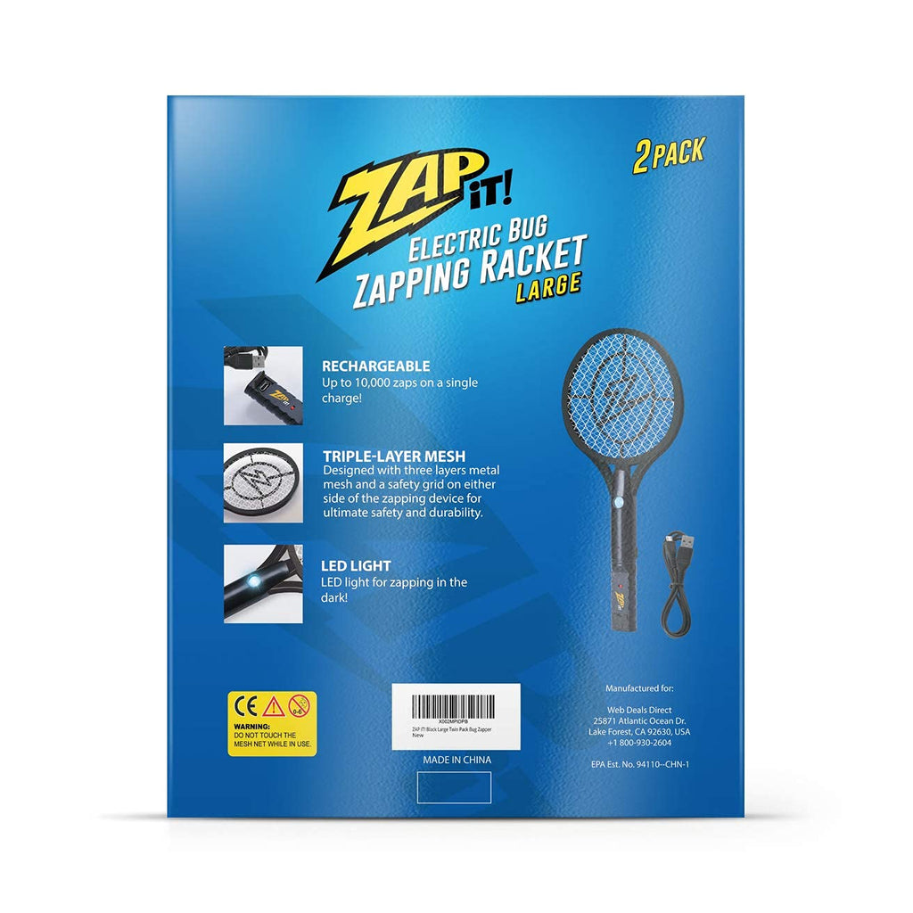 ZAP IT! Bug Zapper Rechargeable Bug Zapper Racket, 4,000 Volt, USB Charging Cable, 2 Pack