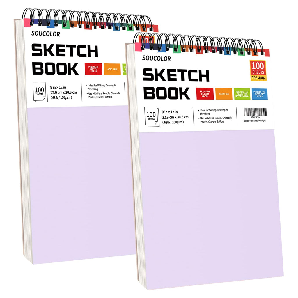 Soucolor 9" x 12" Sketch Book, Christmas Gifts for Women, Birthday Gifts for Women, Thank You Gifts, Stocking Stuffers Gift Set, 2 Packs 100-Sheets Each (68lb/100gsm) Drawing Pad for Women and Girls
