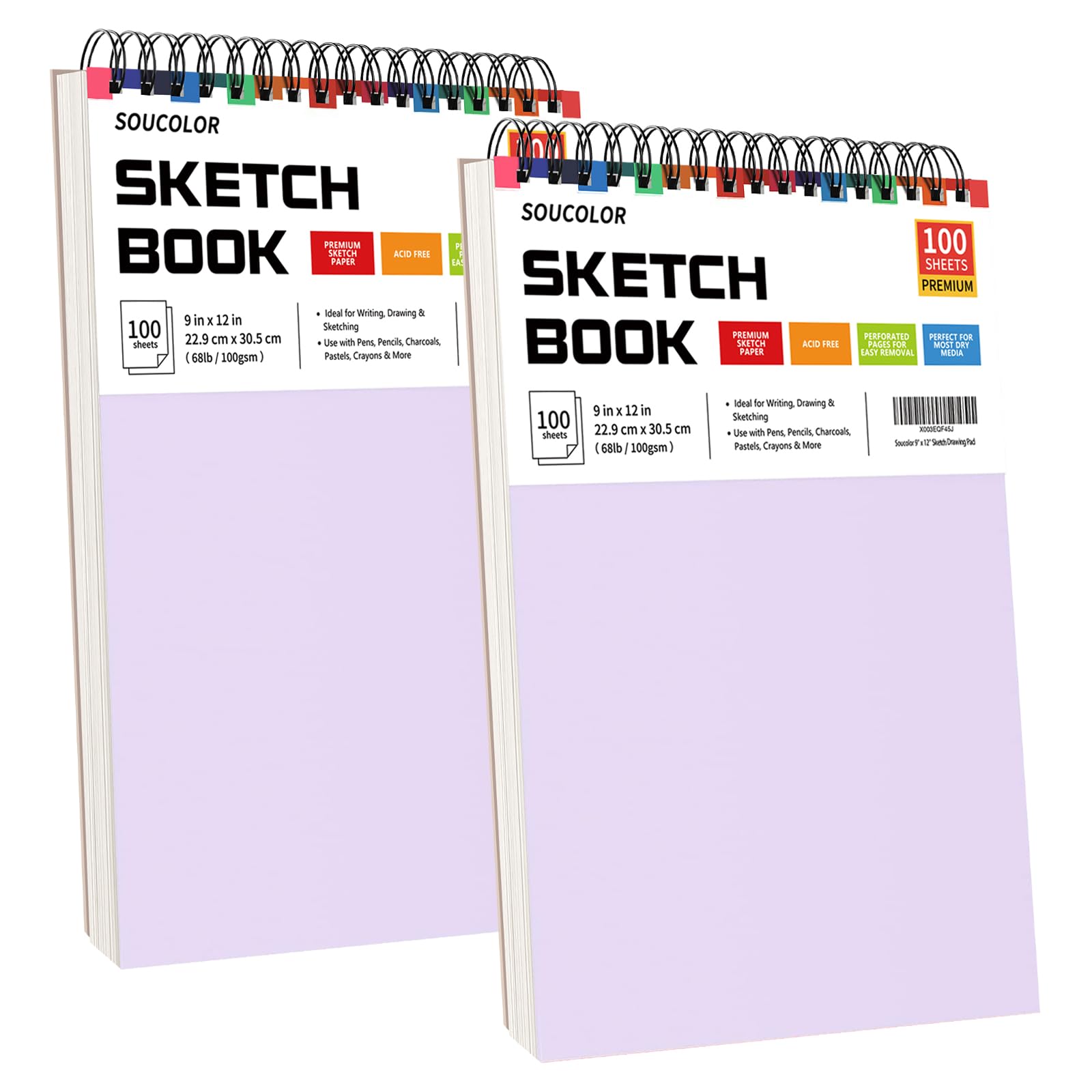 Soucolor 9" x 12" Sketch Book, Christmas Gifts for Women, Birthday Gifts for Women, Thank You Gifts, Stocking Stuffers Gift Set, 2 Packs 100-Sheets Each (68lb/100gsm) Drawing Pad for Women and Girls