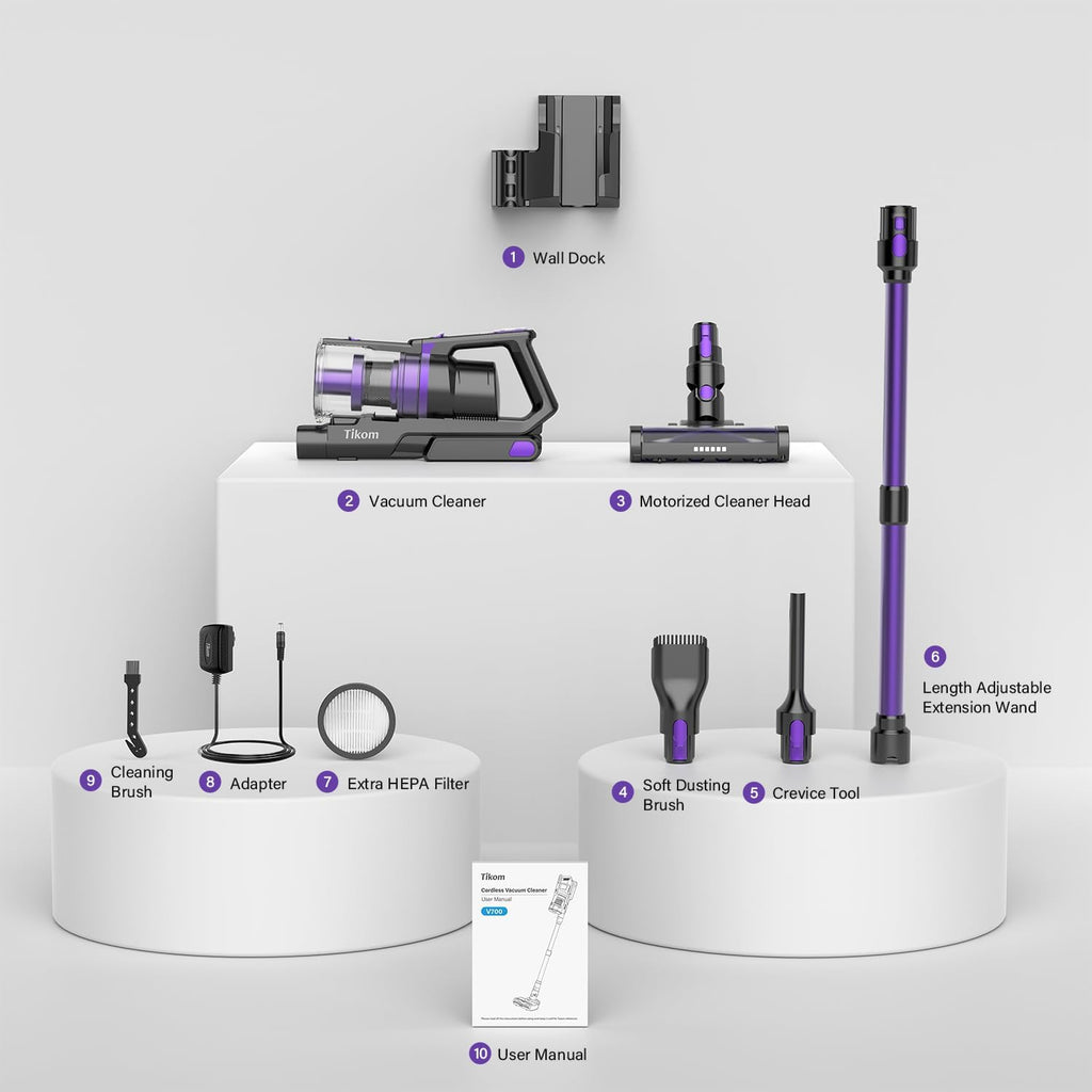 Tikom V700 Cordless Vacuum Cleaner with 450W 33Kpa Powerful Suction, Up to 50 Mins Runtime, 1.3L Dust Cup, 6 in 1 Stick Vacuum Cleaner Good for Carpet, Pet Hair, Hard Floor, Purple