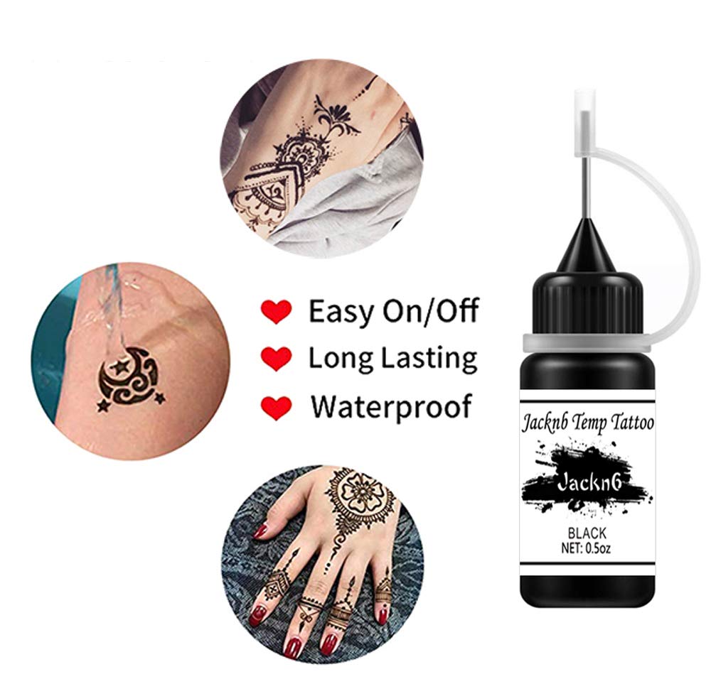 Jacknb Temporary Tattoo Kit, Semi Permanent Tattoo Jagua Gel Freehand Ink 4 Bottles 2oz DIY Tattoos Fake Freckles Temp Tattoos for Women Kids Men Body Art Markers 40 Pcs Free Tattoos Stencils