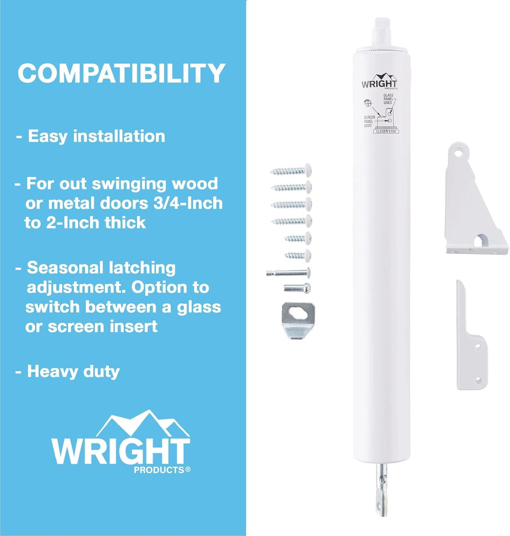 Wright Products Heavy-Duty Pneumatic Storm Door Closer – Durable, Adjustable, Quiet-Closing with Hold-Open Feature (Transitional, White)