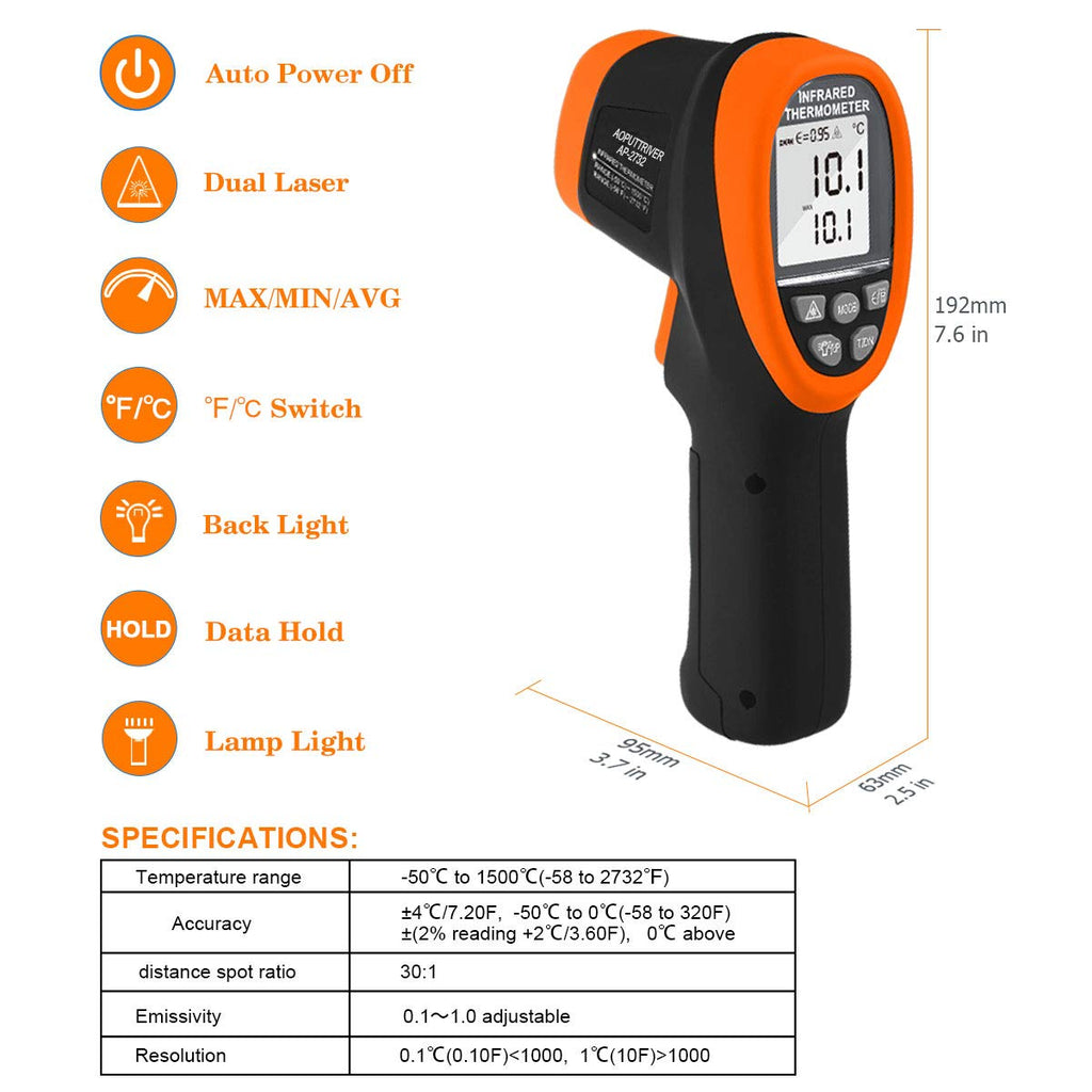 Infrared Thermometer High Temp Thermometer Pyrometer -58℉~2732℉ (-50℃ to 1500℃), 30:1 Distance Spot Ratio, Non-Contact Dual Laser Thermometer for Industry Forge【NOT for Human】-AP-2732(Orange)