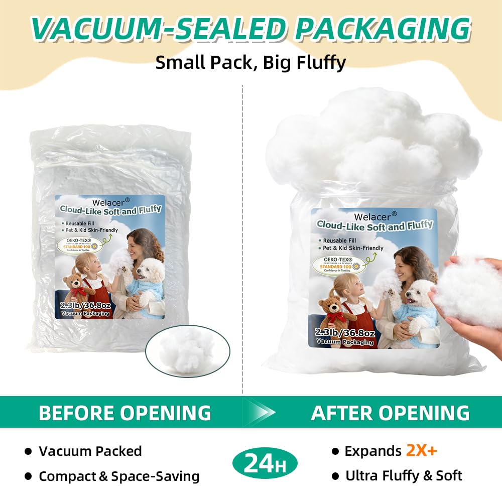 Welacer Polyfill Stuffing, Fluffy Pillow Stuffing for Stuffed Animals, DIY Plush Toys, Cushions, Cloud Decorations, Premium Original White Polyester Filling for Crochet Crafts,5lb/80oz