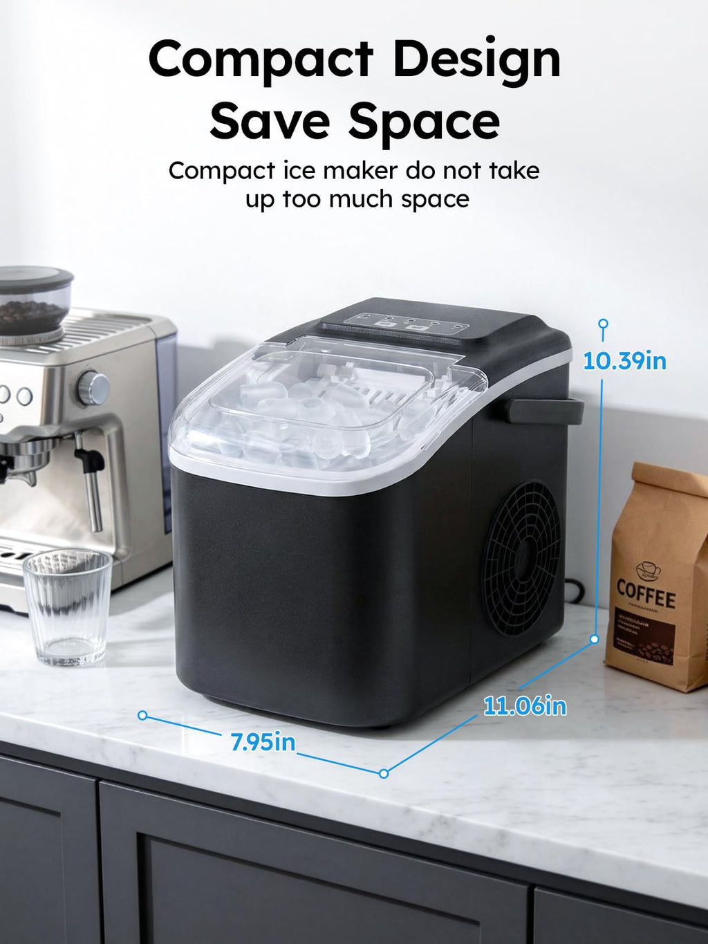 Ice Makers Countertop, 26lbs in 24Hrs, 8 Ice Cubes Ready in 6 Mins, Self-Cleaning Portable Ice Machine with Handle, Countertop Ice Maker with Basket and Scoop for Home/Kitchen/Camping/RV