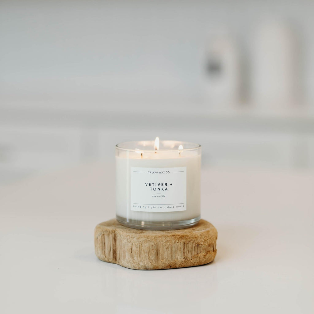 Calyan Wax Soy Wax Candle, Vetiver & Tonka, 3 Wick Scented Candle for The Home | Premium Candle with Essential Oils | 14.9 oz Soy Wax, 43 Hour Burn Time, Large Candle in Glass Jar