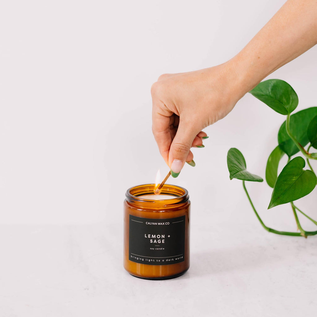 Calyan Wax Soy Wax Candle, Aspen & Fog Scented Candle for The Home | Premium Candle with Essential Oils | 7.2 oz 57 Hour Burn | Soy Candle in Amber Glass Jar | Aromatherapy GIF