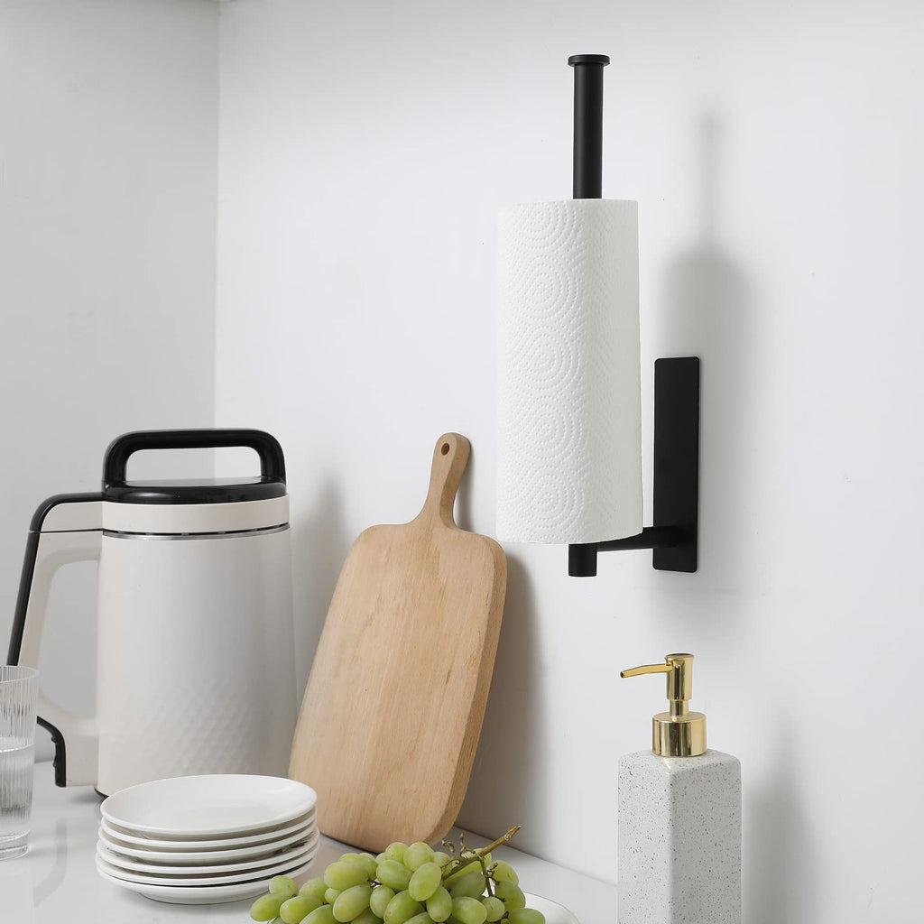 theaoo Paper Towel Holder - Under Cabinet Paper Towel Holder for Kitchen, Adhesive Paper Towel Roll Rack for Bathroom Towel, Wall Mounted Matte Black Paper Towel Rack, SUS304 Stainless Steel