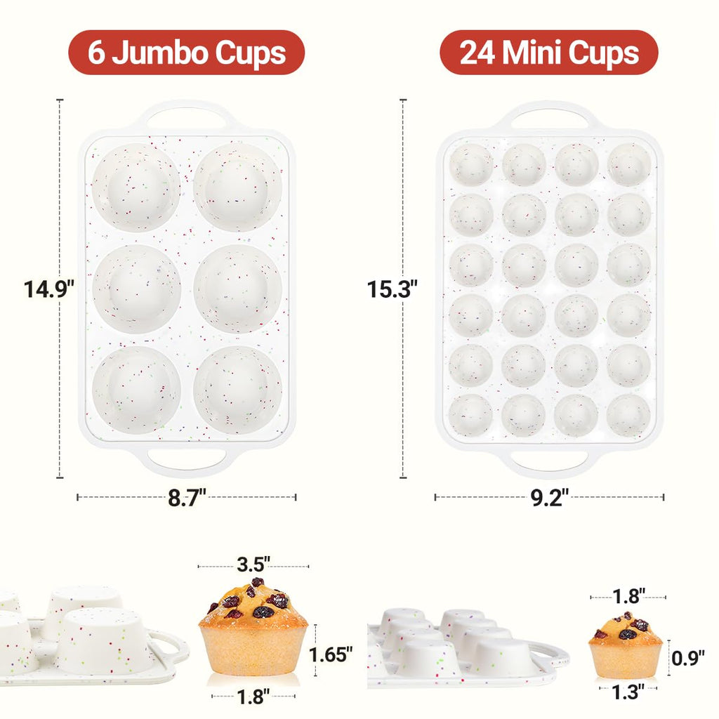 Silicone Muffin Pans for Baking, Metal Reinforced Frame Jumbo 6 Cups & Mini 24 Cups Cupcake Pan Nonstick Muffin Pan for Homemade Baking Easy to Handle
