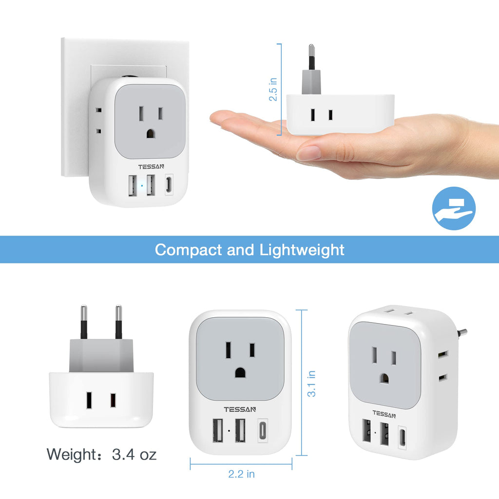2 Pack European Plug Adapter USB C, TESSAN US to Europe Plug Adapter with 4 Outlets 3 USB Charger, Type C Power Adaptor to Italy Spain France Portugal Iceland Germany, Gray White