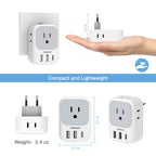 2 Pack European Plug Adapter USB C, TESSAN US to Europe Plug Adapter with 4 Outlets 3 USB Charger, Type C Power Adaptor to Italy Spain France Portugal Iceland Germany, Gray White