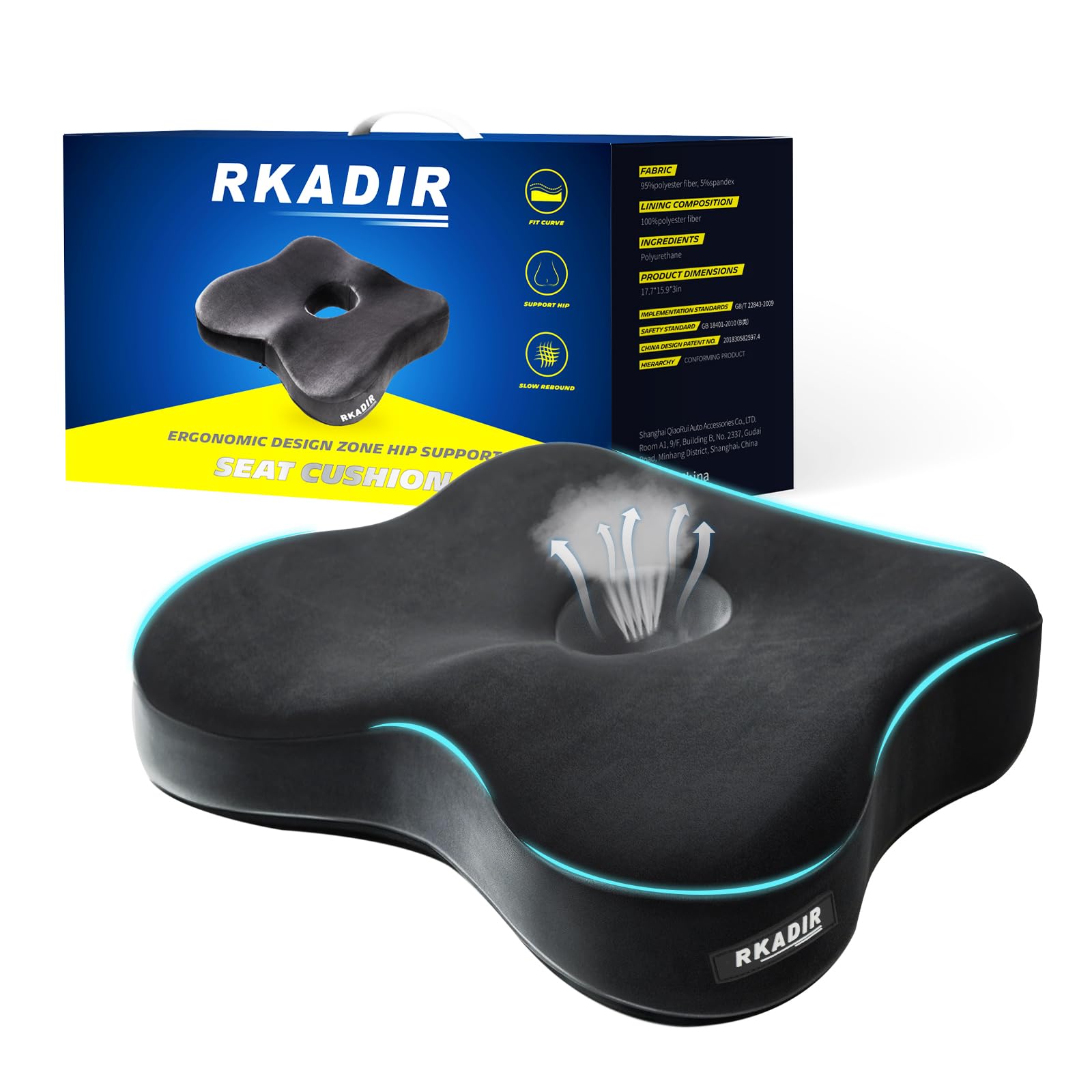 RKADIR Ergonomic Memory Foam Seat Cushion for Office Chair & Car Seat,Relieves Sciatica,Sedentary Not Numb Coccyx Support Pillow,Pressure Relief Cushion for Back Pain & Tailbone Pain (Black Gray)