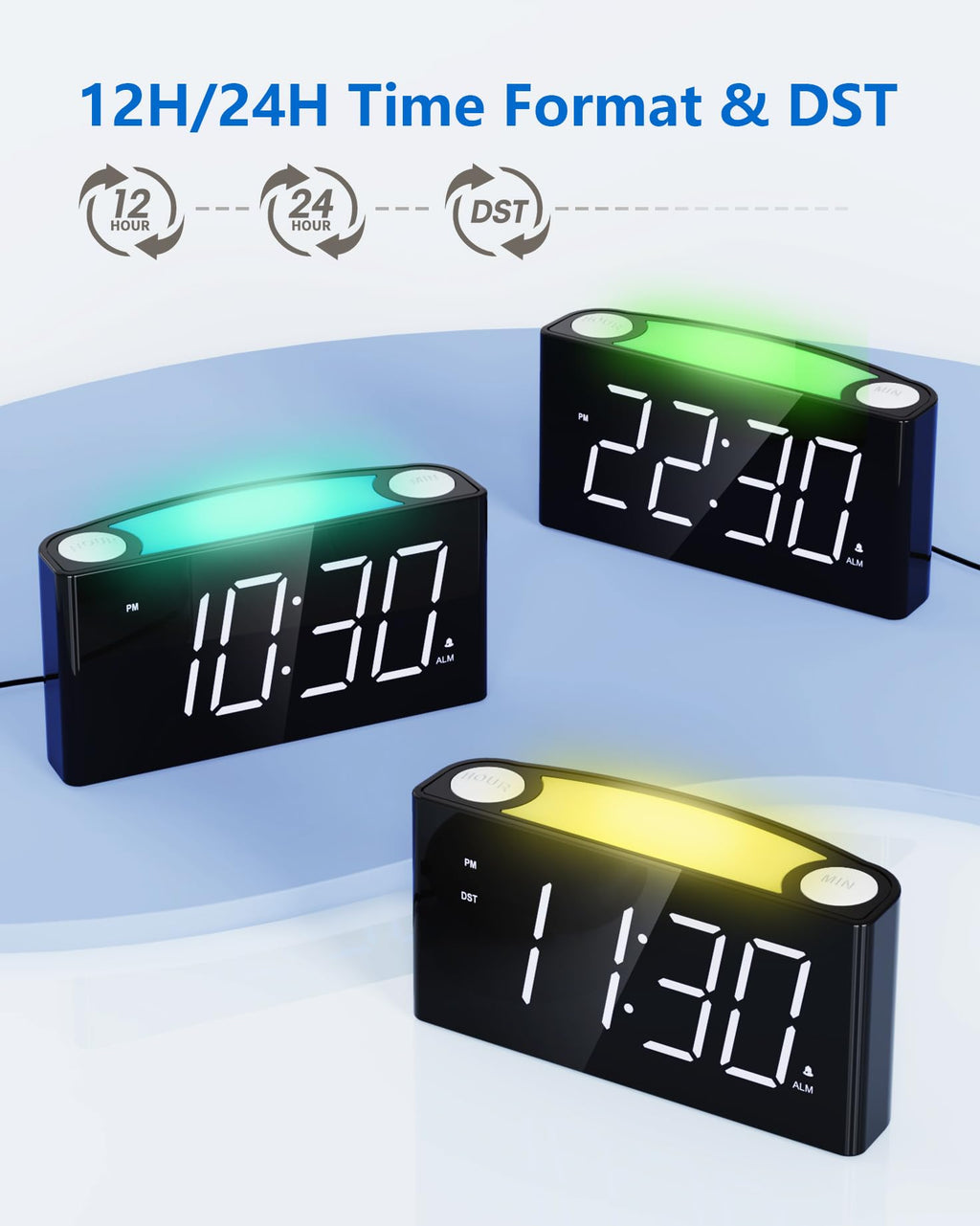 Digital Alarm Clock,7.5" Big LED Display & Full Dimmer,USB Cellphone Chargers,7-Color Night Light,Adjustable Volume,12/24 H,Plug-in Easy to Set Alarm Clock for Kids Elderly Bedside Desk Kitchen Office