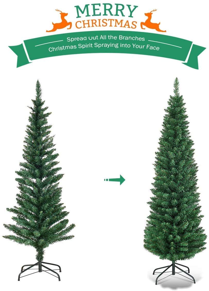 Giantex, Green Artificial Pencil Christmas, Premium Hinged Pine Tree with Solid Metal Legs, Perfect for Home, Shops and Holiday Decoration, (5FT) (Artificial Pencil Christmas Tree)