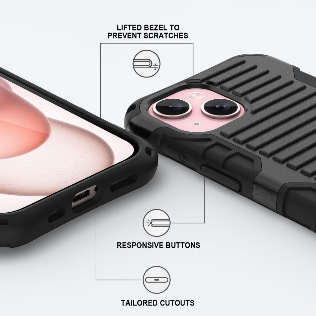 E-Tree for iPhone 15 Case, with Crossbody Strap and Stand, Protective Shockproof Hard Phone Case Black, Perfect for Go Outside and Kid Elderly