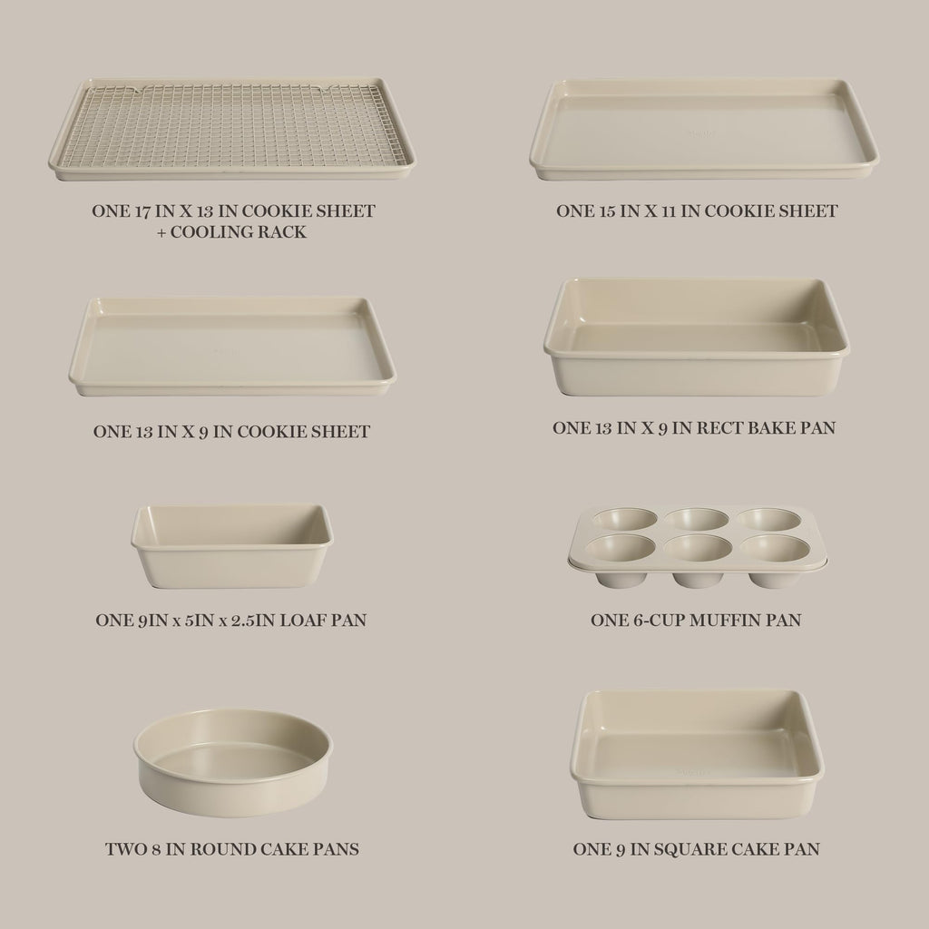 Martha Stewart Gallen 10 Piece Baking Pans Ceramic PFA Free Non Toxic Non Stick Bakeware Set - Taupe
