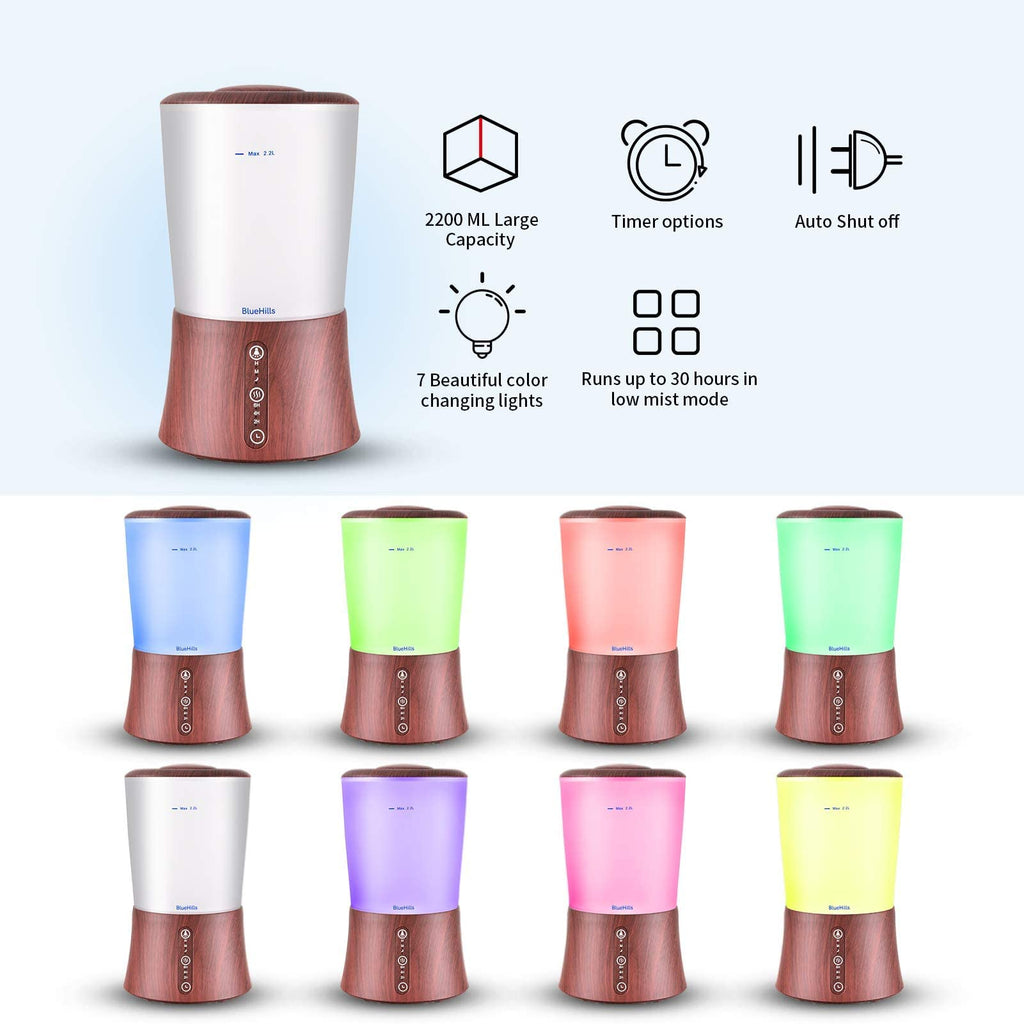 BlueHills Large 2000 ML XL Essential Oil Diffuser Aroma Humidifier 2 Liter Capacity for Big Living Room Home Baby Long Run XL Huge Coverage Area High Mist Timer Dark Wood Grain 2L S3