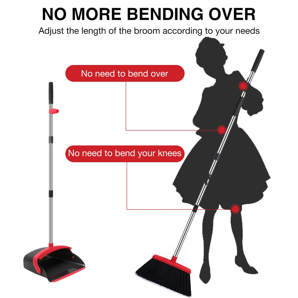 NACENA Broom and Dustpan Set, 52-in Long Adjustable Handle Broom Dustpan Combo with Dustpan Teeth to Automatically Clean Hair Suitable for Home Kitchen Office Hall Floor（Black&Red）