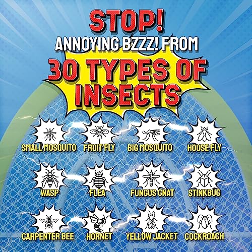 ASISNAI Bug Zapper 18" Electric Fly & Mosquito Swatter Racket - Outdoor/Indoor Killer for Flies, Battery-Operated Tennis Killing Zap, 3000 Volts Electronic Catcher, 2 AA Batteries Included - Yellow