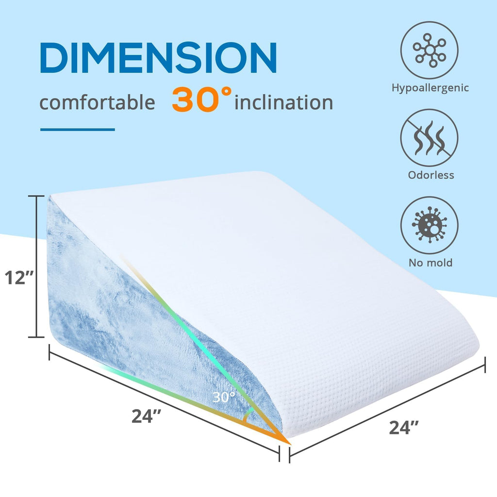 Sasttie Wedge Pillow, 12 Inch Memory Foam Bed Wedge Pillow for Sleeping, Acid Reflux, Back Pain, Post Surgery, and Snoring, Designed with Washable Cover, Sky Gray