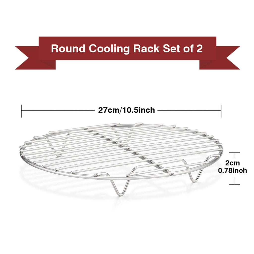TEAMFAR Round Cooling Rack Set of 2, 10½ Inch Round Wire Rack Baking Steaming Roasting Rack Set Stainless Steel, Healthy & Mirror Finish, Oven & Dishwasher Safe