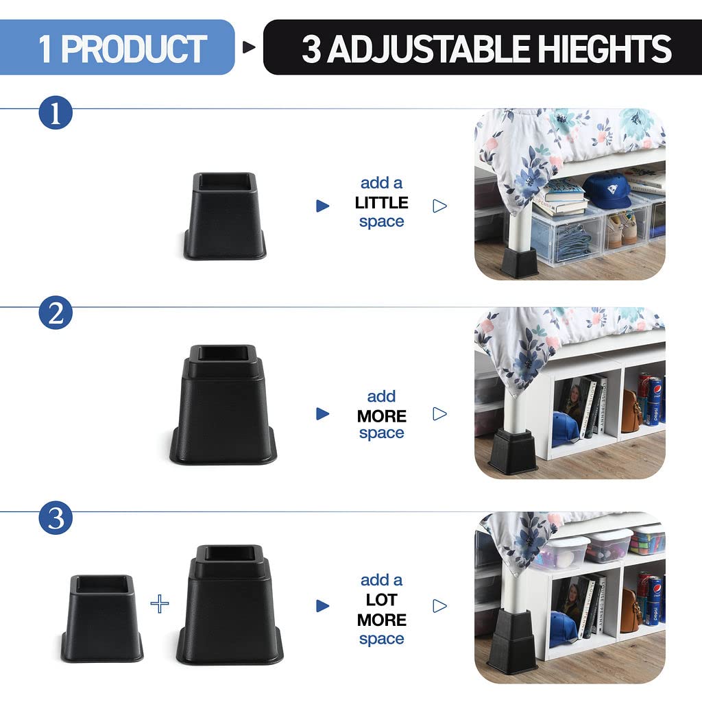 Home It Adjustable Bed Risers - Elevation in 3, 5 or 8 Inch - Heavy Duty Stackable Furniture Risers Supports 1,300 lbs - for Under-Bed Storage, College Dorms, Table and Couch, 4 Pack Bed Lifts Black