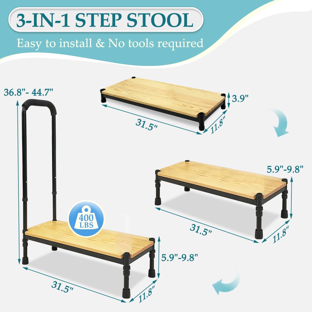 Bed Step Stool with Handle for Elderly Adults Medical Stepping Stool SUV Car Bariatric Handicap Seniors Safety Bedside Foot Step for High Beds with Adjustable Assist Handle Wide Platform